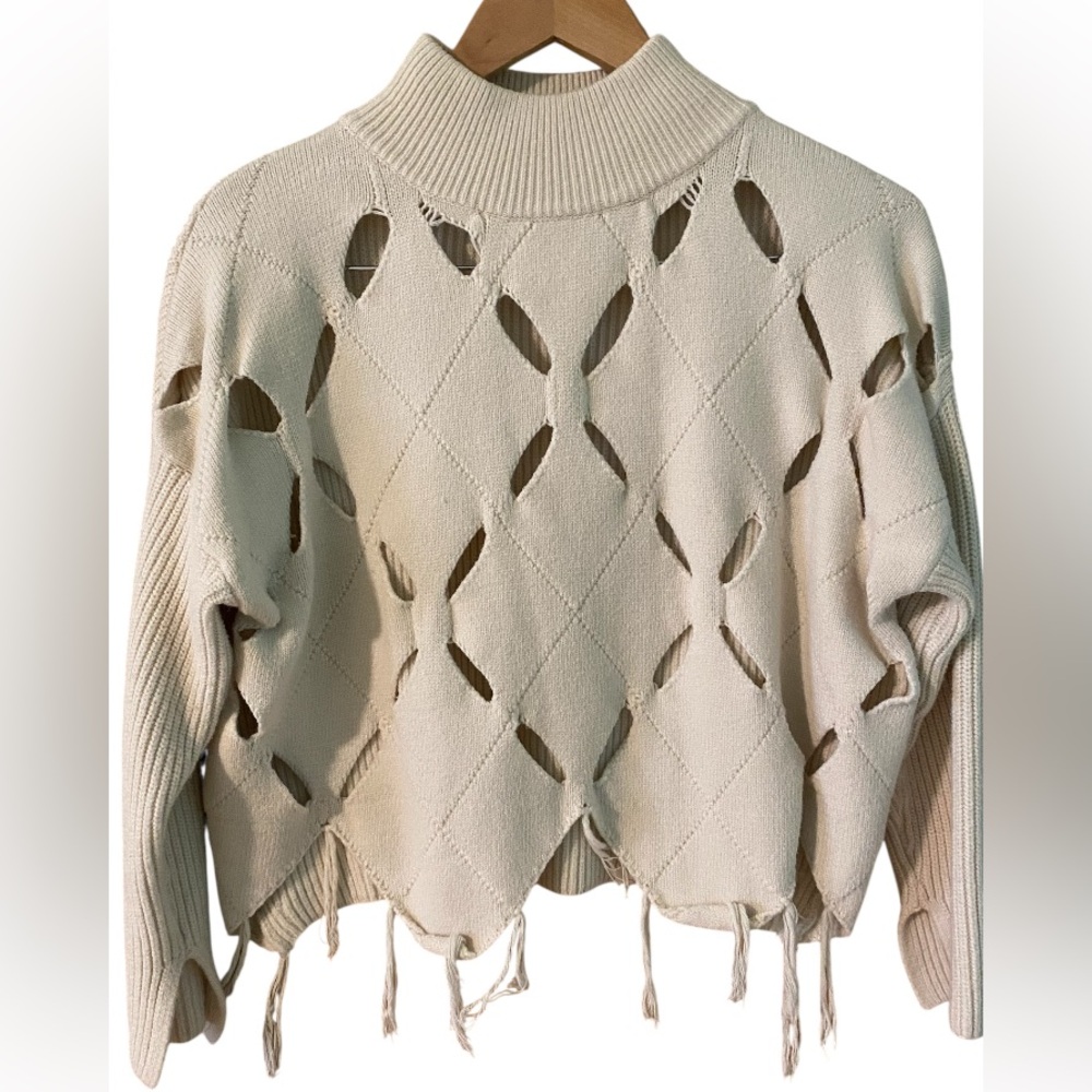 Beige Botany Sweater Crop Mock neck Women Size Medium/Large Holes Fringe